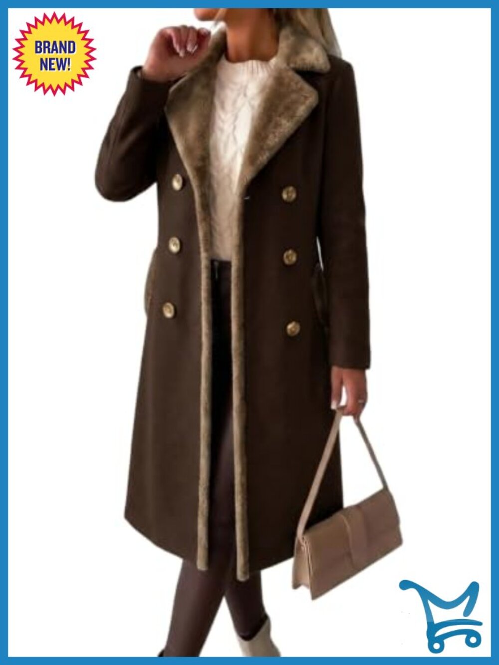 Women's Double Breasted Peacoat with Wool & Fur Collar Warm Winter Coat